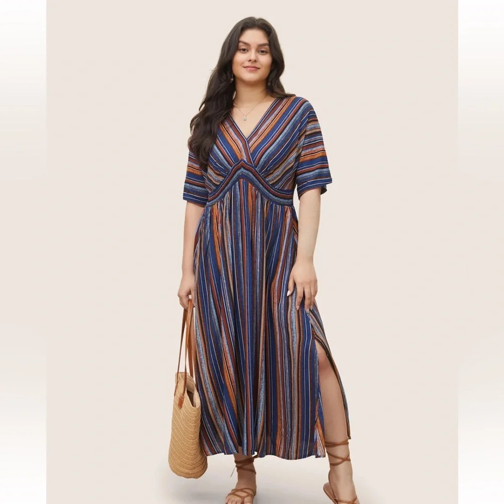 BloomChic Striped Contrast Dolman Sleeve Shirred Pocket Split Flutter Dress - Picture 1 of 7